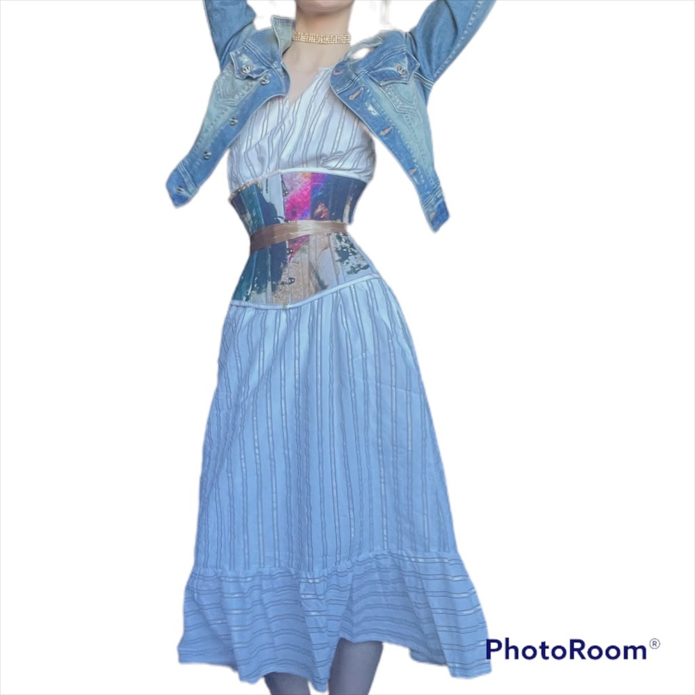 Dylan Boho Linen Dress with Metallic Gold Stripes - Picture 5 of 6